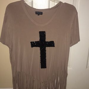 Boutique top, beige/tan with black cross